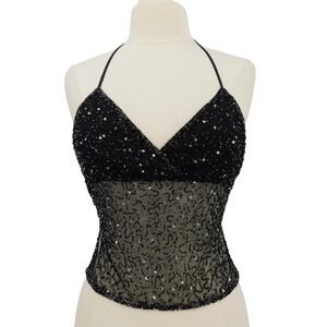 Heart Moon Star Vintage 90s Black Beaded Sequin Halter Top Mesh‎ V-Neck Medium